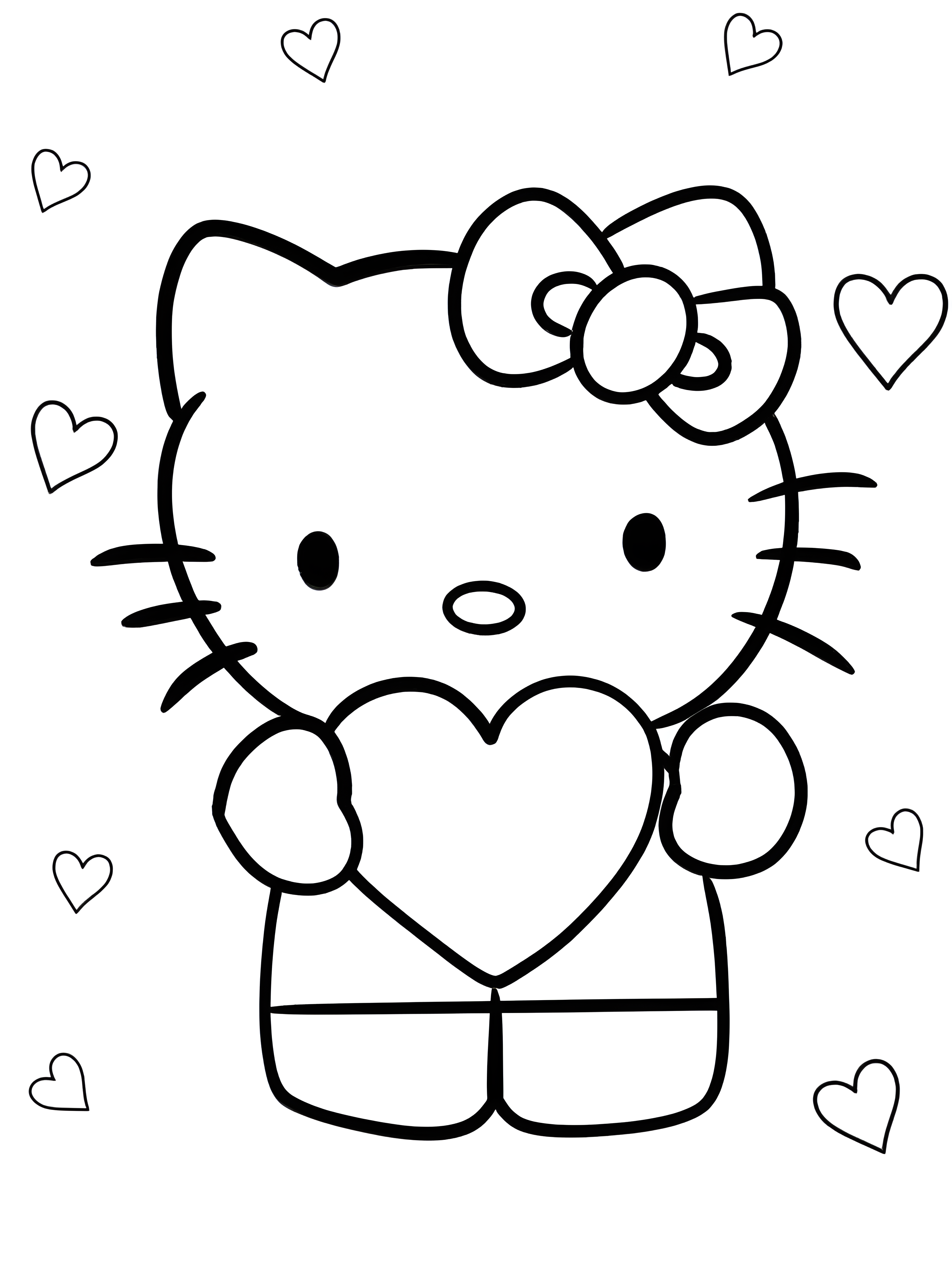 Hello Kitty ține o inimă mare, cu o fundiță și inimioare în jur, într-un desen de colorat.