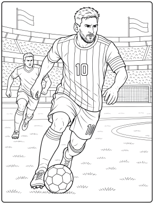 Lionel Messi aleargă cu mingea la picior, purtând tricoul cu numărul 10, într-un desen de fotbal de colorat.