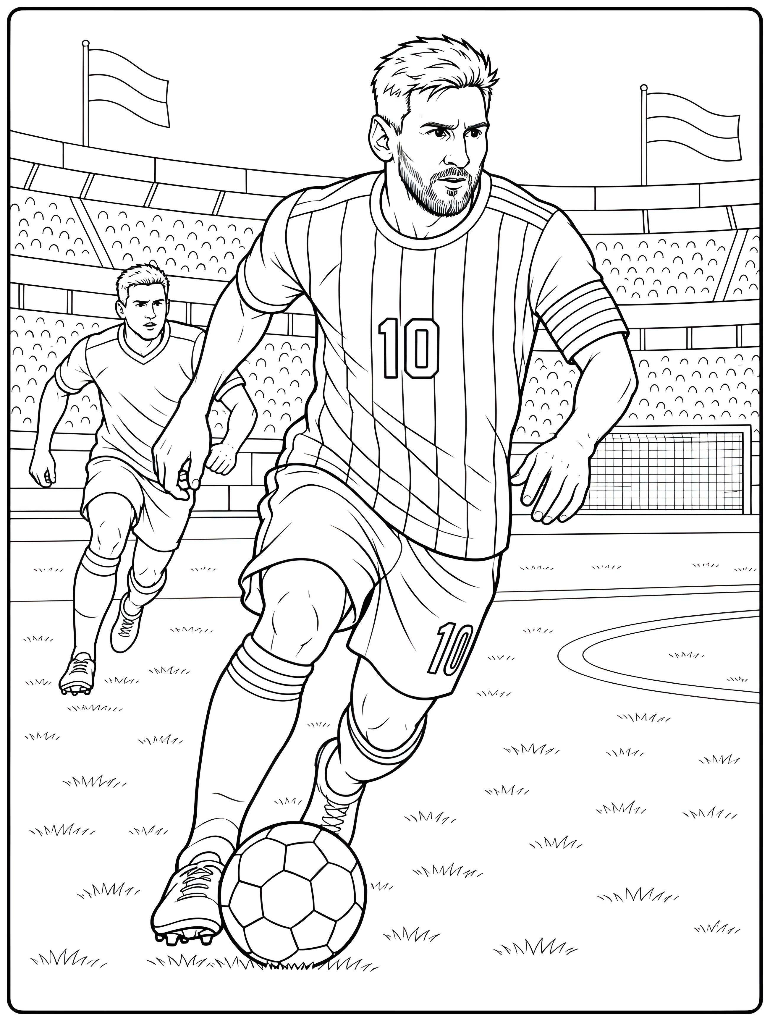 Lionel Messi aleargă cu mingea la picior, purtând tricoul cu numărul 10, într-un desen de fotbal de colorat.