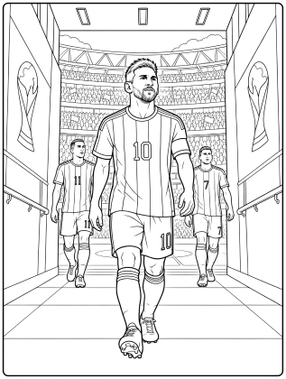 Lionel Messi, cu numărul 10 pe tricou, pășește din tunel spre teren, urmat de doi coechipieri, într-un desen de fotbal de colorat.