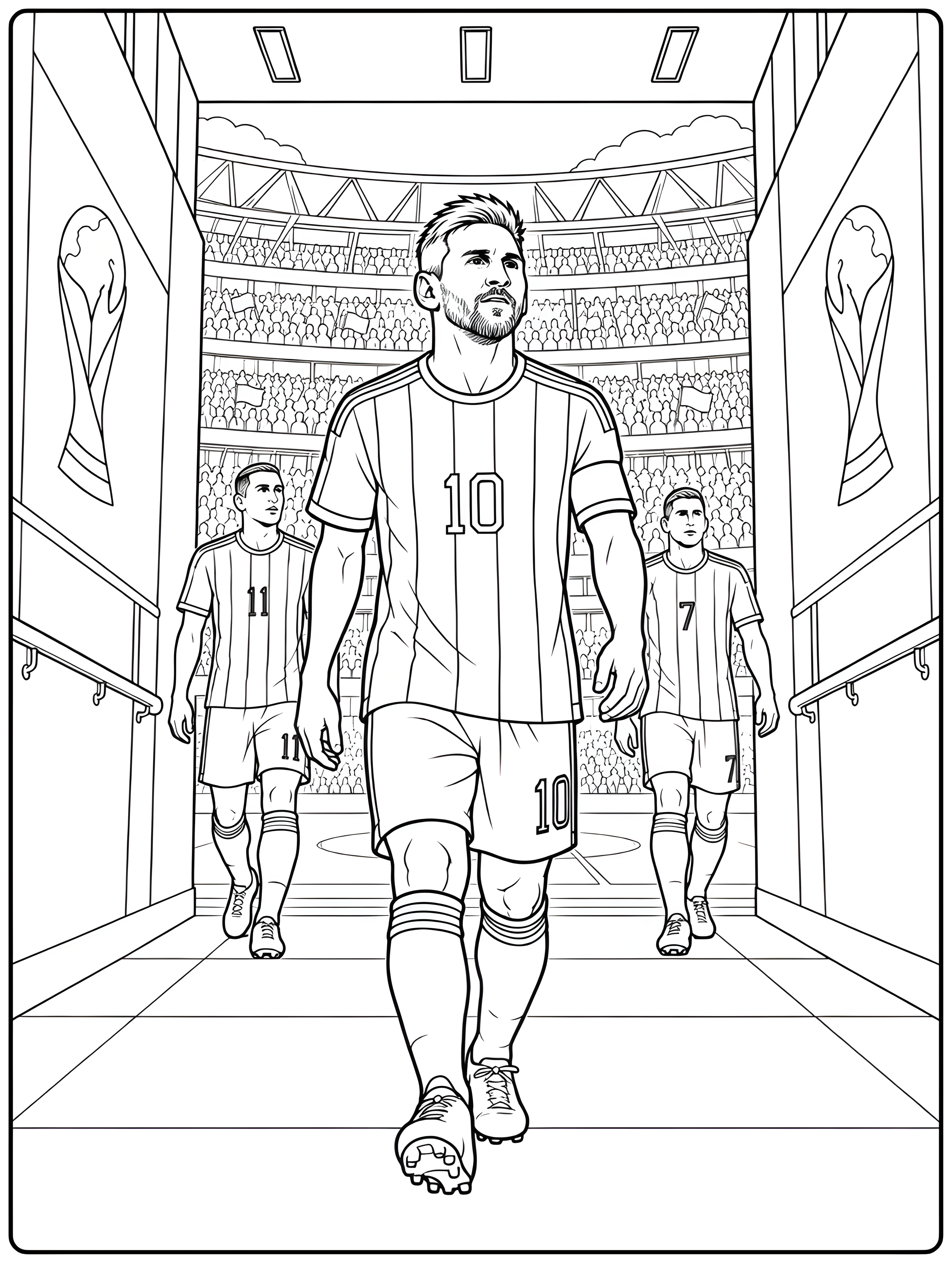 Lionel Messi, cu numărul 10 pe tricou, pășește din tunel spre teren, urmat de doi coechipieri, într-un desen de fotbal de colorat.