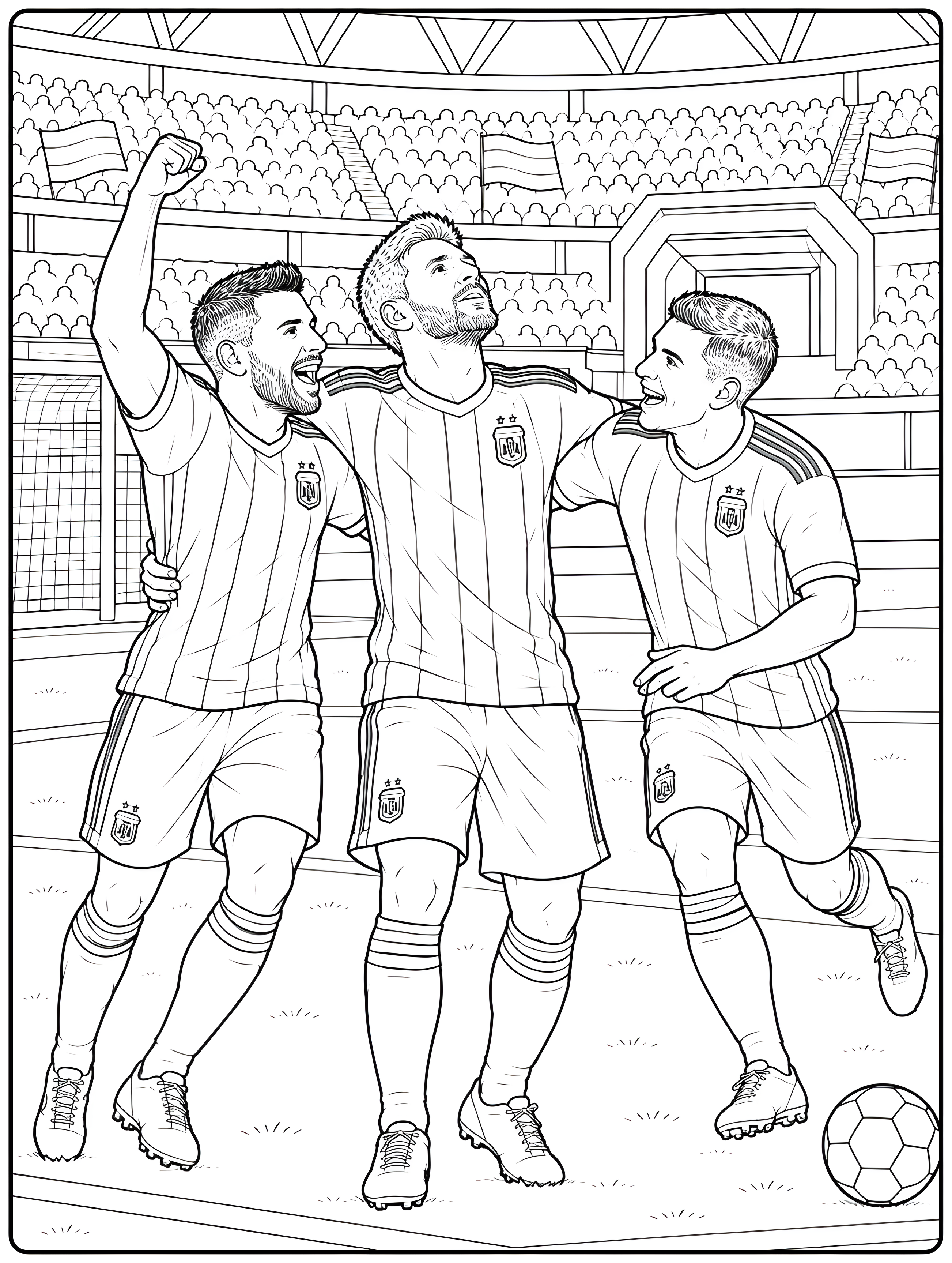Lionel Messi sărbătorește alături de doi coechipieri, în echipamentul Argentinei, pe terenul de fotbal, desen de colorat.