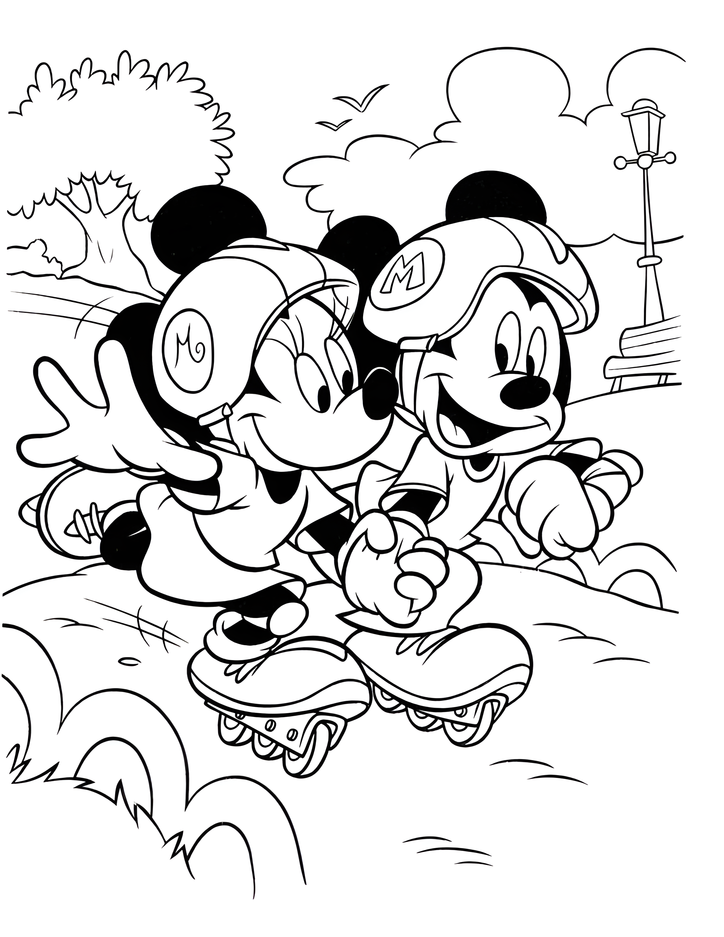 Mickey Mouse și Minnie Mouse patinează pe role, într-o planșă de colorat din categoria Mickey Mouse.