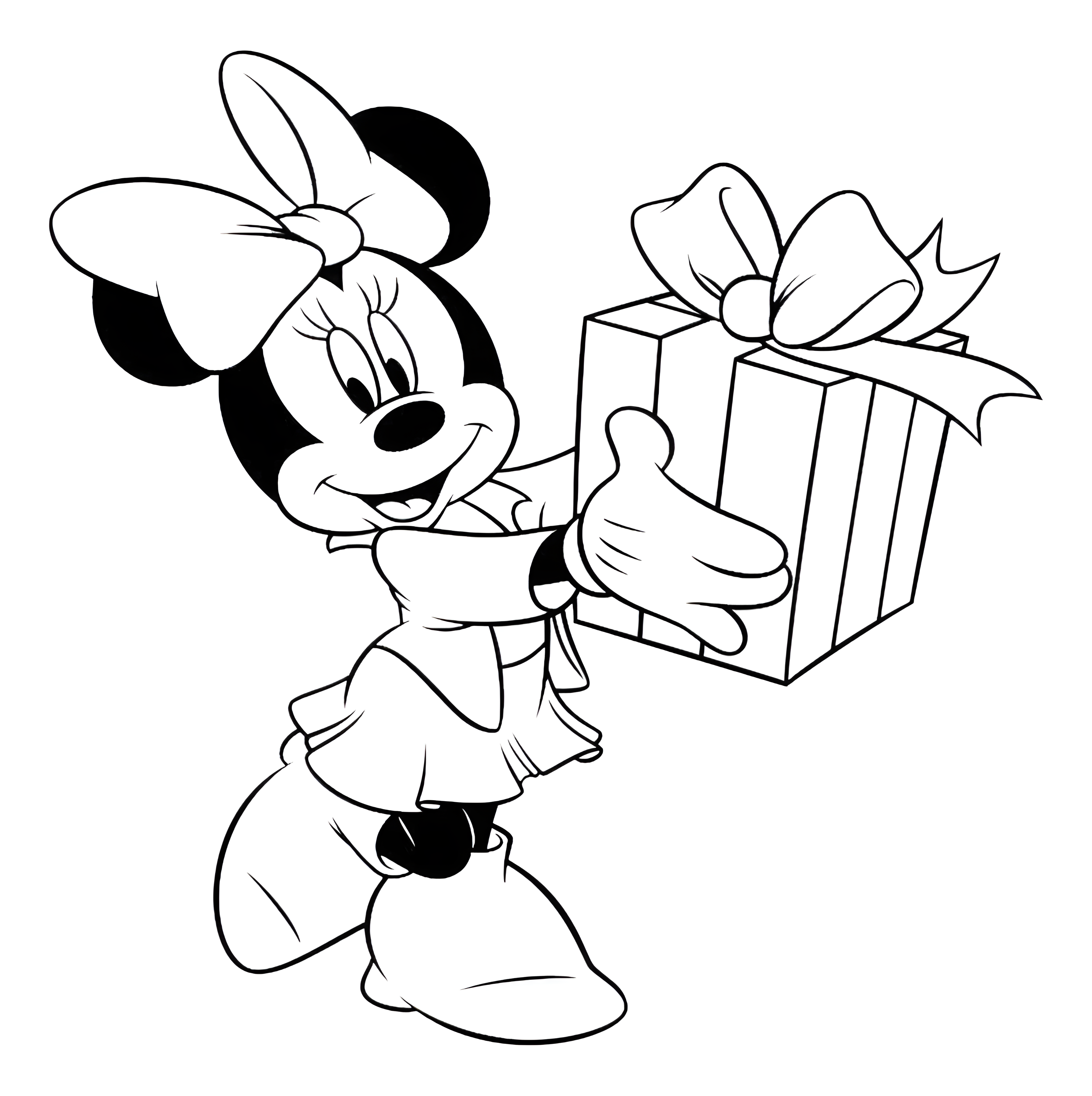 Minnie Mouse ține un cadou mare cu fundă într-un desen alb-negru de colorat.