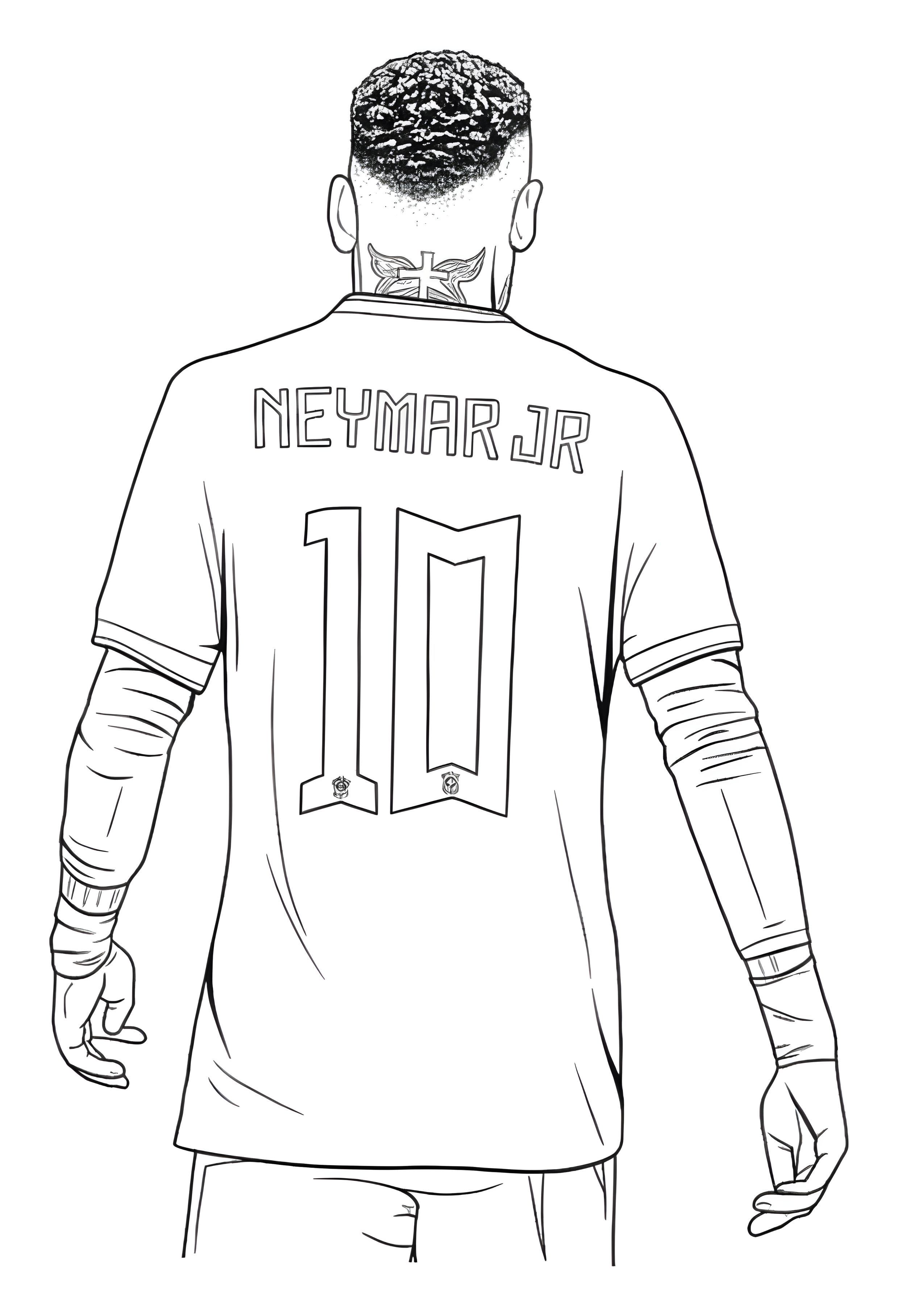 Neymar, desenat din spate, poartă un tricou cu numele său și numărul 10, gata de colorat.