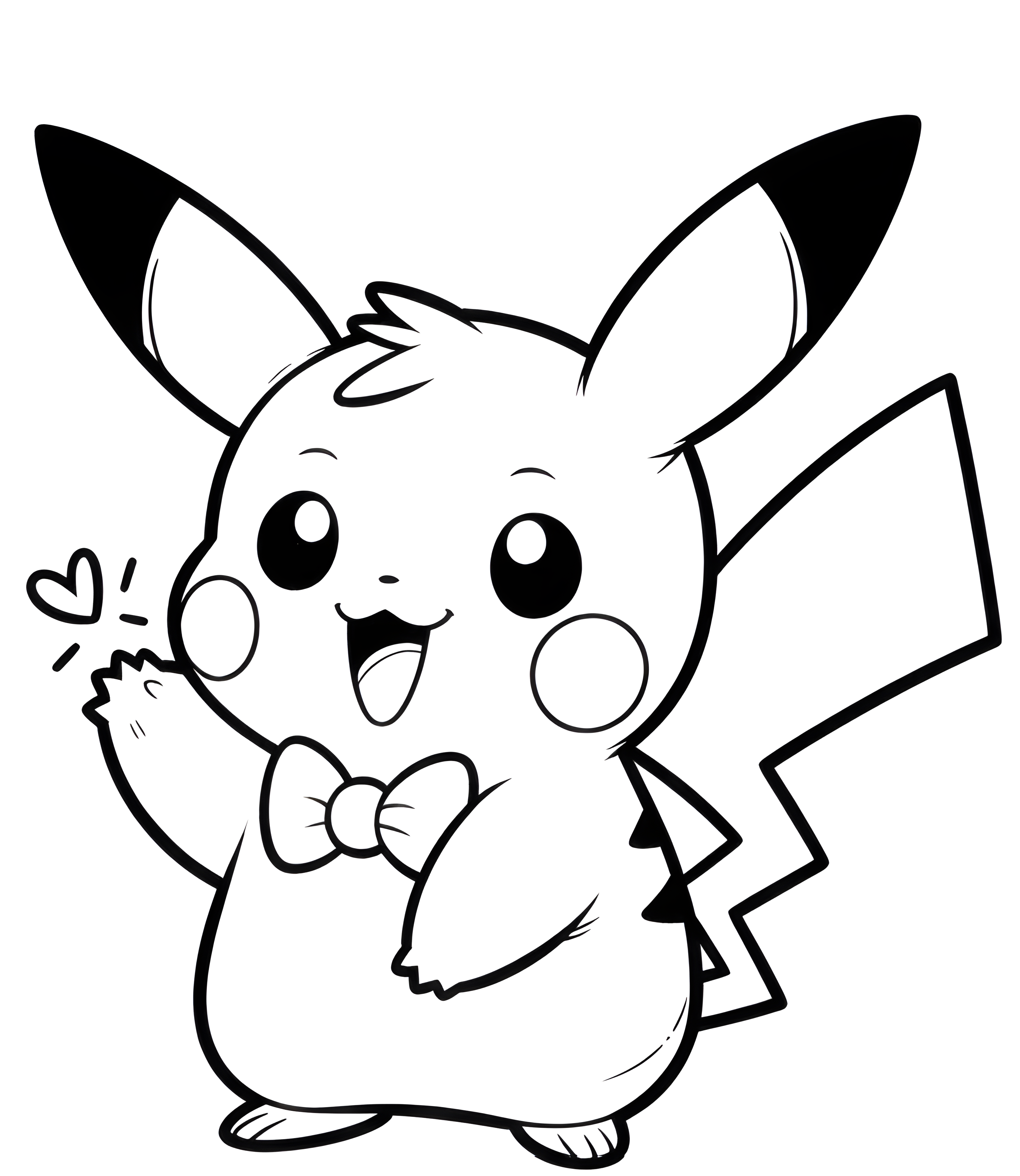 Pikachu zâmbește și flutură din lăbuță, purtând un papion, într-un desen Pokémon de colorat.