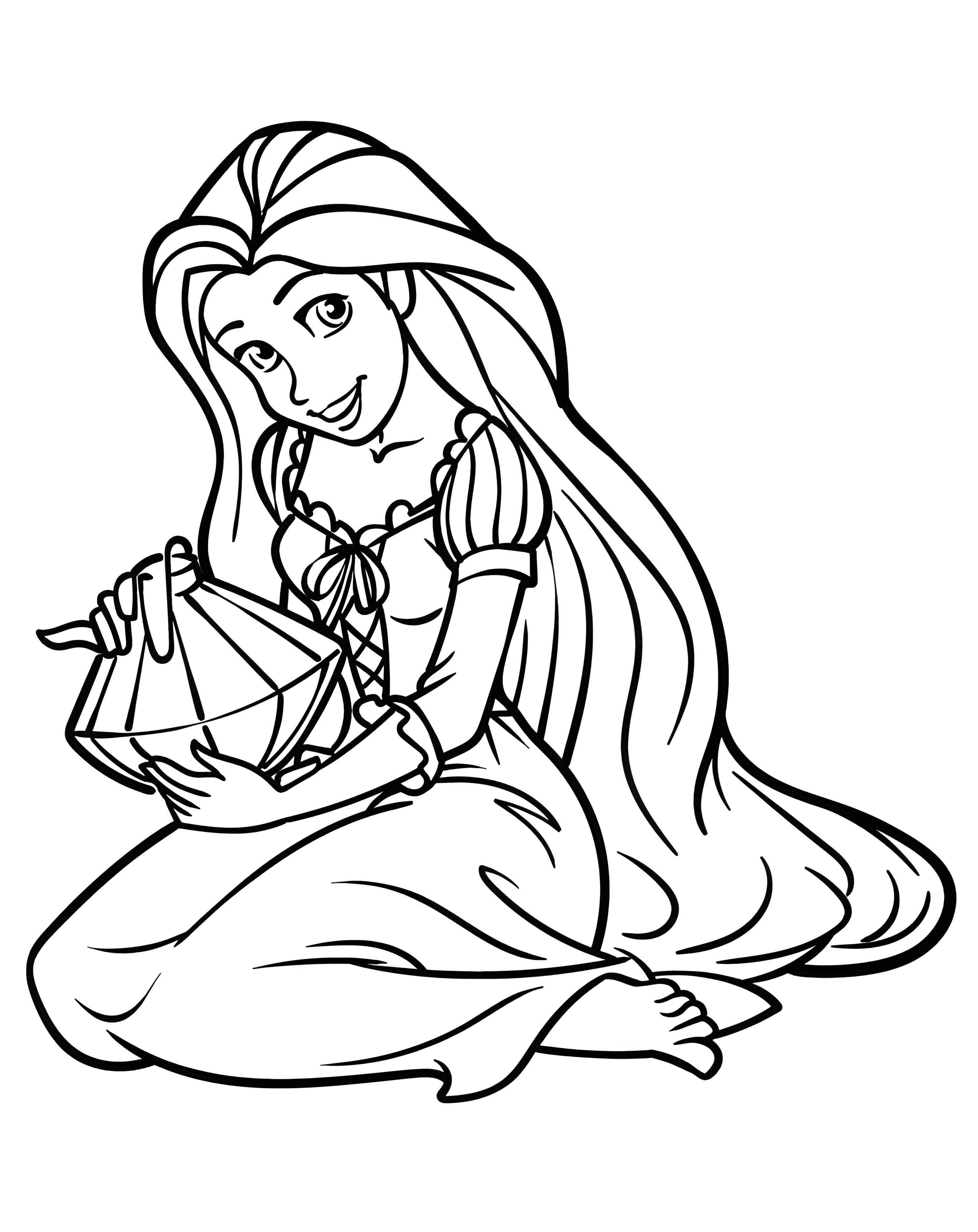 Rapunzel îngenuncheată, cu părul foarte lung, ținând un felinar, desen de colorat.