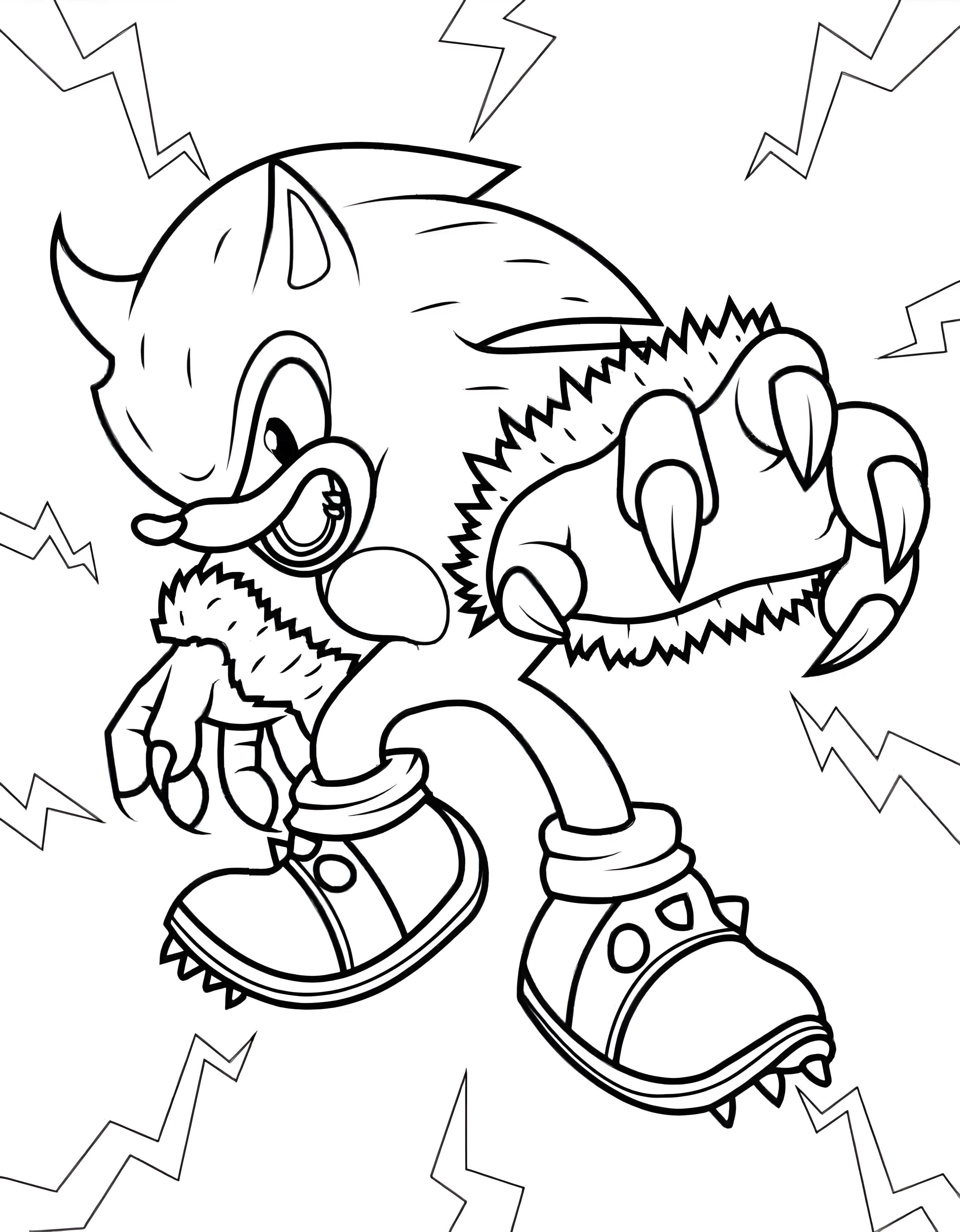 Sonic transformat, cu blană și o labă mare cu gheare, printre fulgere, desen de colorat.